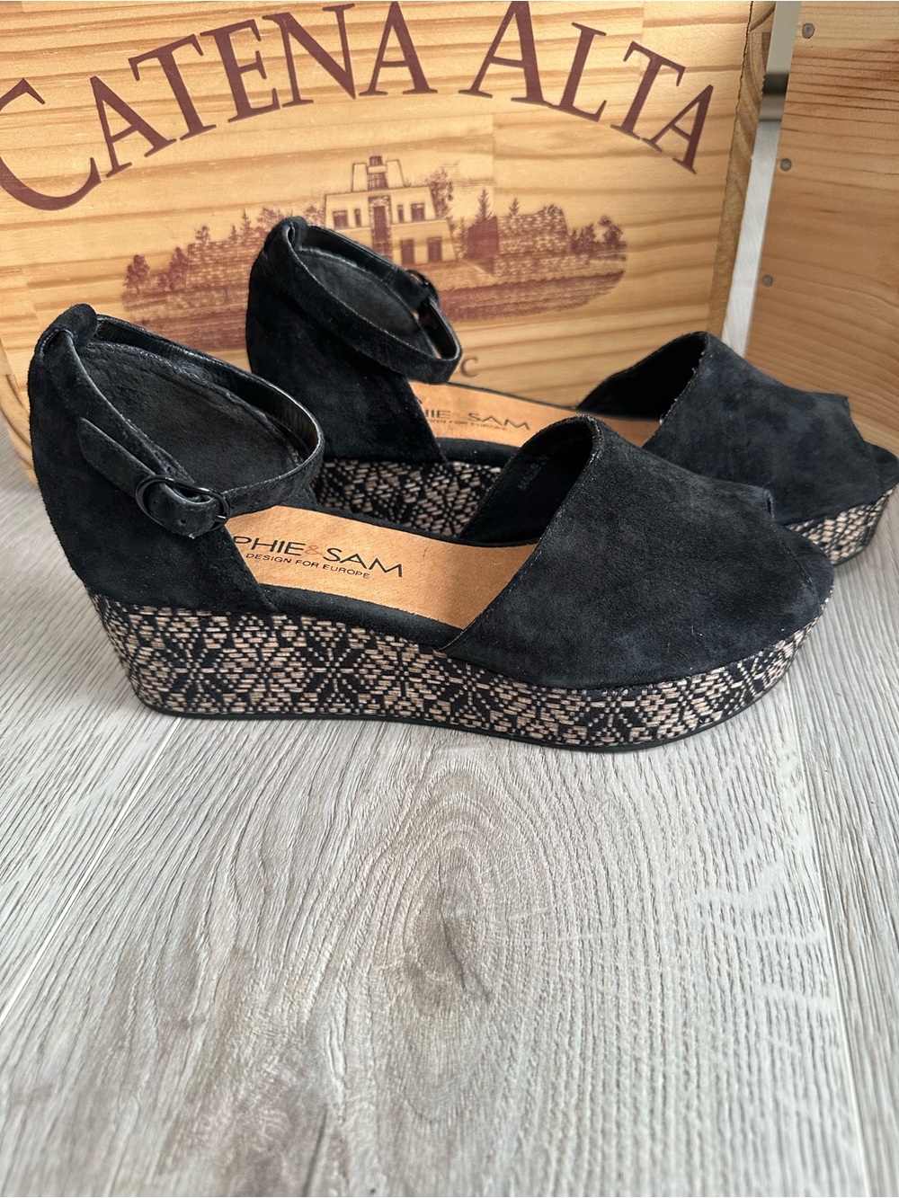 Sophie & Sam Black Suede Ankle Strap Platform Wedges - Size 36